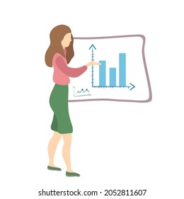 ilustración minimalista vectorial en estilo plano. la chica en pleno crecimiento presenta el proyecto. el carácter realiza una presentación, entrenamiento. el profesor de la pizarra da una lección