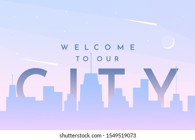 Vector minimalistic illustration. Futuristic flat city. Silhouettes of buildings with gradient fill. Minimalistic landscape. Double exposure text. Template for website with free space for text