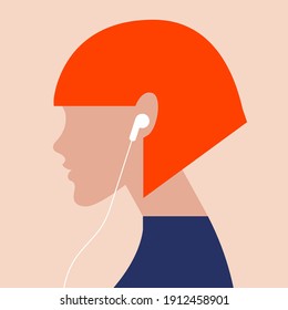 vector minimalistic illustration of a girl listening to a podcast, audio book or online music in trending colors. can be used as web design element, icons, banners for music channels or podcasts.