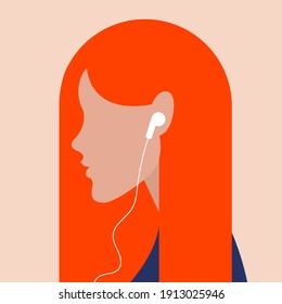 vector minimalistic illustration of a girl listening to a podcast, audio book or online music in trending colors. can be used as web design element, icons, banners for music channels or podcasts.