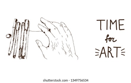 vector minimalistic illustration of a human hand with liners and album sheet augmented with Time for Art inscription.
