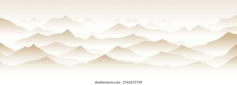 Vector minimalistic illustration of mountains, landscape in sepia tones, ridge gradients in the morning fog, panoramic view