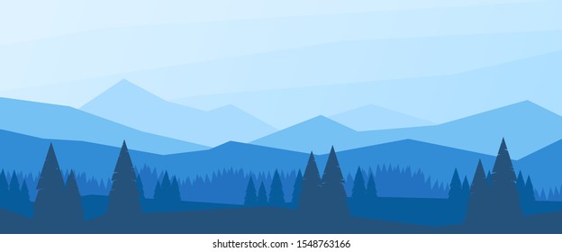 Vector minimalistic illustration. Panoramic natural background. Mountains and forest. Blue wallpapers. Horizontal panorama. Template for website or game with free space for text. Tourist concept.