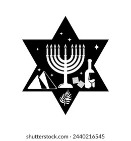 Vector Minimalistic Illustration of Passover Celebrations. Emblem of Wine, Egyptian Pyramids and Waves on a white background. Pesach Icons.