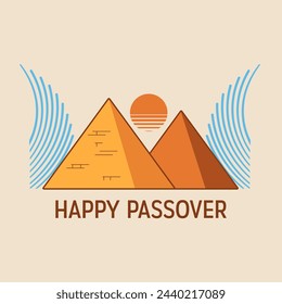 Vector Minimalistic Illustration of Passover Celebrations. Emblem of Wine, Egyptian Pyramids and Waves on a white background. The Escape from Egypt concept. Pesach Icons.