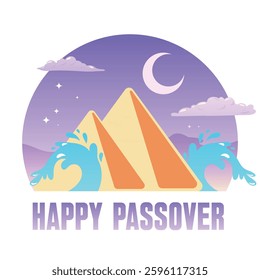 Vector Minimalistic Illustration of Passover Celebrations. Pyramids of Giza, bright sun and Symbolic waves of Red Sea. The Escape from Egypt concept.