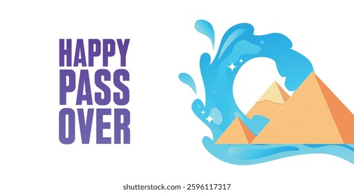 Vector Minimalistic Illustration of Passover Celebrations. Pyramids of Giza, bright sun and Symbolic waves of Red Sea. The Escape from Egypt concept.