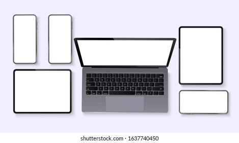 Vector minimalistic illustration set device. Smartphone, laptop, tablet, top view. Mockup generic device. Template for infographics or presentation. Modern communication device.