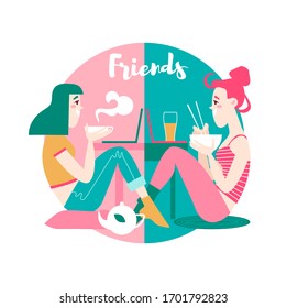 Vector minimalistic illustration of two friends chatting online during quarantine self isolation