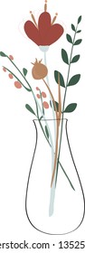 Vector minimalistic illustration. Vase with wild flowers and leaves. 