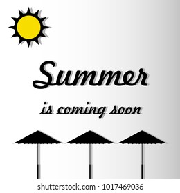 Vector minimalistic image of an inscription soon summer on a background of beach umbrellas and an abstract sun. Flat.