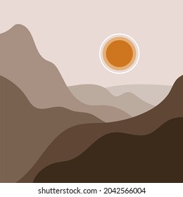 Vector minimalistic image mountains and sunset landscape flat style poster 