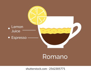 Vector minimalistic infographic color flat illustration of Romano coffee recipe