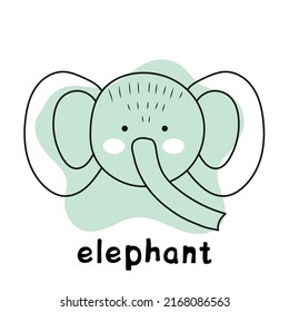 Vector minimalistic isolated character.  Cute elephant in doodle style with lettering.  Colorful flat illustration for your creativity.