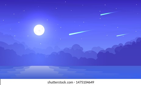 Vector minimalistic landscape in flat graphic style. Night cloudless sky. Panoramic image. Illustration with gradient fill. Color background. Moon near the water. Foggy wallpapers with reflection