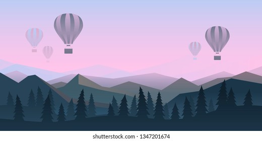 Vector minimalistic landscape of the forest and mountains with air balloons. Background in a flat style