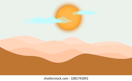 Vector minimalistic landscape scene with flaming sun on a cloudy smoke sky.  Template illustration high quality yellow blue wild handdrawn sunshine sunbeam sunrise hot desert sand 