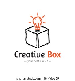 Vector minimalistic light bulb in a box logo. Sketch style logo