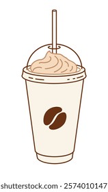 Vector minimalistic line art color illustration of of takeaway Coffee cup with whipped cream and drinking straw