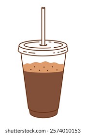 Vector minimalistic line art color illustration of transparent takeaway Coffee cup with drinking straw