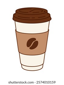 Vector minimalistic line art color illustration of takeaway paper Coffee cup with bean