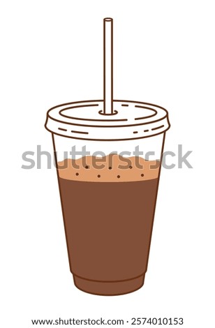 Vector minimalistic line art color illustration of transparent takeaway Coffee cup with drinking straw