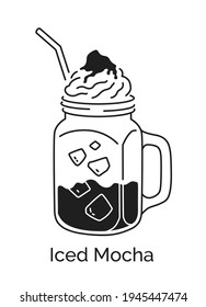 Vector minimalistic line art illustration of Iced Mocha coffee jar isolated on white background.