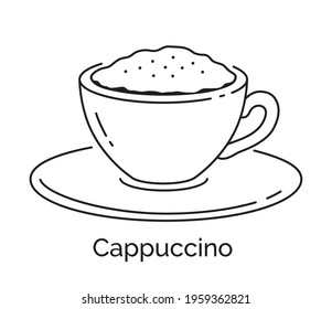 Vector minimalistic line art illustration of Cappuccino coffee cup isolated on white background.