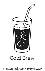 Vector minimalistic line art illustration of Cold brew coffee glass isolated on white background.