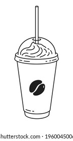 Vector minimalistic line art illustration of disposable coffee cup isolated on white background.