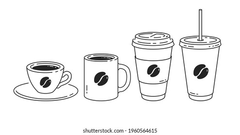 Vector minimalistic line art illustration set of coffee cups isolated on white background.