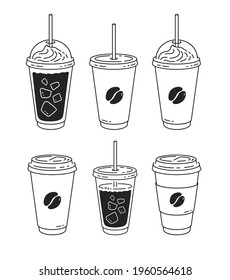 Vector minimalistic line art illustration set of disposable coffee cups isolated on white background.