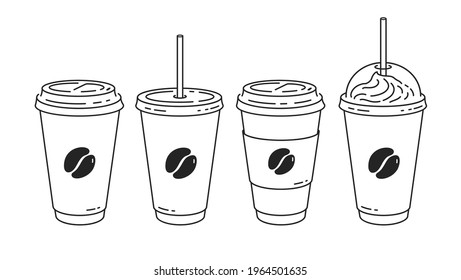 Vector minimalistic line art illustration set of disposable coffee cups isolated on white background.