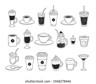 Vector minimalistic line art illustration set of coffee cups isolated on white background.