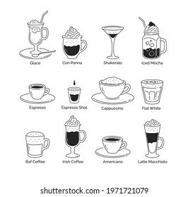 Vector minimalistic line art illustration set of coffee cups isolated on white background.