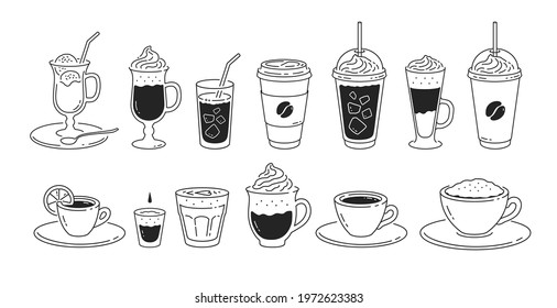Vector minimalistic line art illustration set of coffee cups isolated on white background.