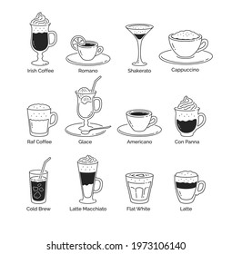 Vector minimalistic line art illustration set of coffee cups isolated on white background.