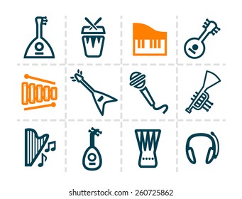 Vector minimalistic line music and audio icons set.
