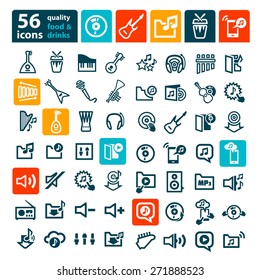 Vector minimalistic line music and audio icons set.