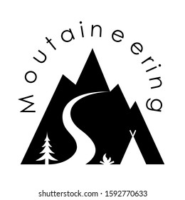 Vector minimalistic logo with camping, tent and campfire in a mountain landscape. Travel concept. EPS 10