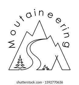 Vector minimalistic logo with camping, tent and campfire in a mountain landscape. Travel concept. EPS 10