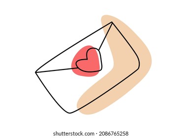 Vector minimalistic mail envelope with heart  in outline style
with a color spot isolated on white background. Can be used to design holiday valentine  cards, presentations, websites, menu