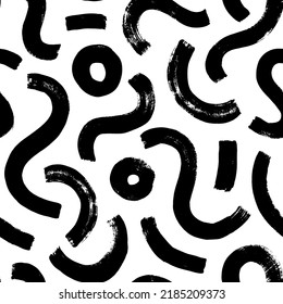 Vector minimalistic meandering lines pattern with circles. Hand drawn grunge curved bold brush strokes. Trendy modern organic shapes, doodle lines pattern. Black ink brush scribbles decorative texture