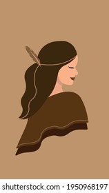 Vector minimalistic modern profile portrait of a beautiful Indian girl with a feather in her hair and a cape in brown shades