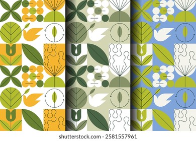 Vector minimalistic natural seamless patterns. Abstract geometric simple shapes. Floral eco agriculture concept. Banner