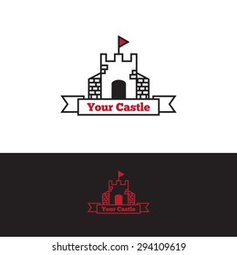 Vector minimalistic outline castle with red flag logo. Stronghold logotype.