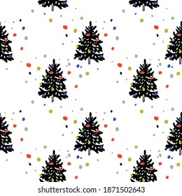 Vector minimalistic pattern and christmas fir tree  colorful balls white background  perfect for textile  wrapping 