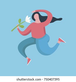 Vector minimalistic plus size girl jumping with lily flower