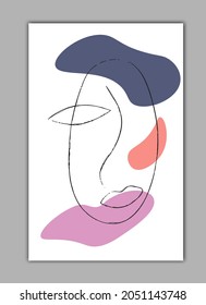 Vector minimalistic portrait with colored spots. Card template with abstract illustration. Use for social media, beauty salons, poster illustrations, postcards, clothing prints.