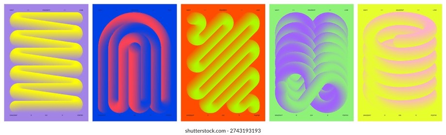 Vector minimalistic posters with twisted volumetric line, Colorful iridescent color wavy shape, Dynamic multicolored gradient line and loops, Geometric background neon curved form set 3